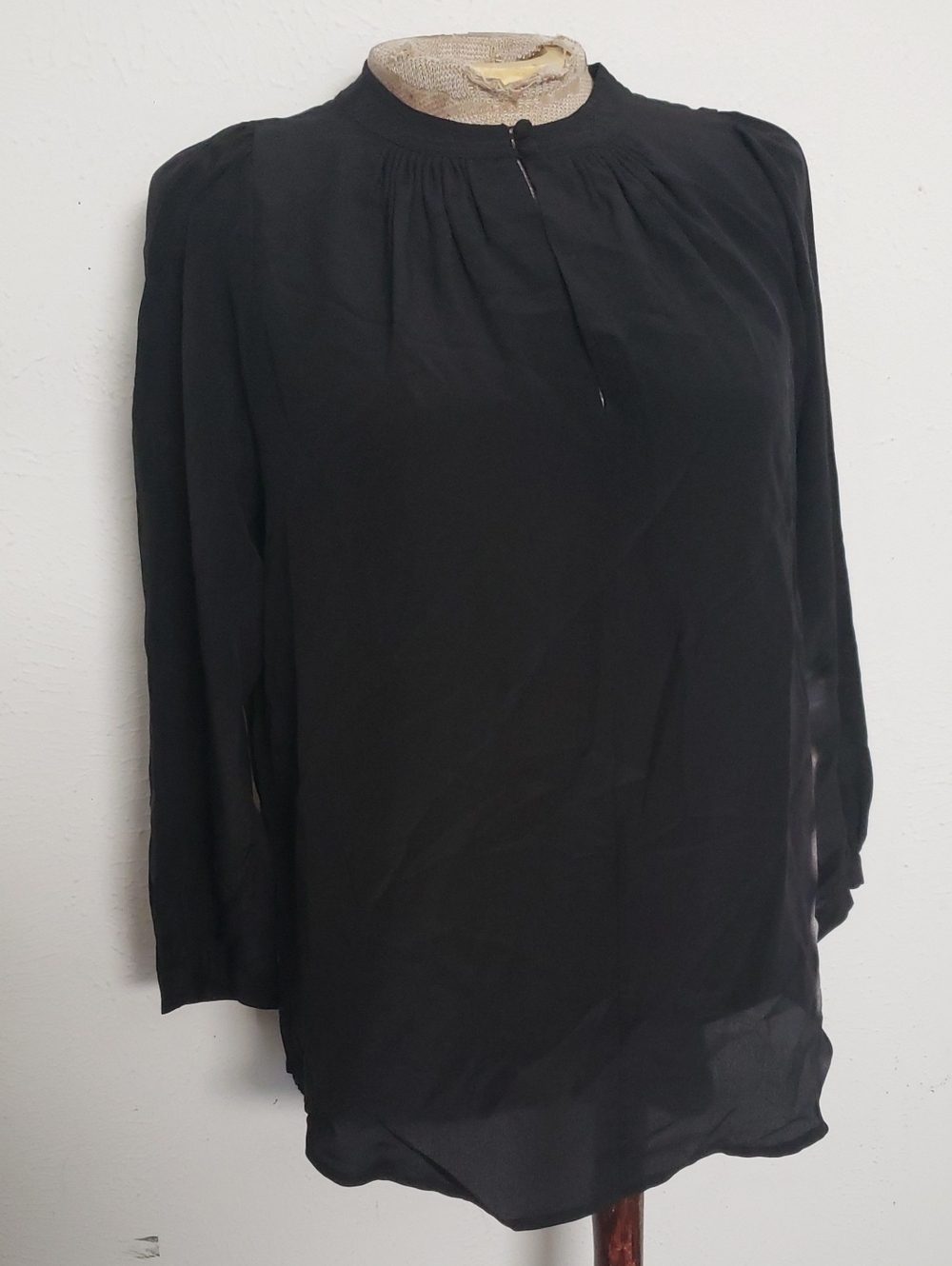 MADEWELL SILK Black Long-Sleeved Blouse Classic Pleated Neck Sz S
